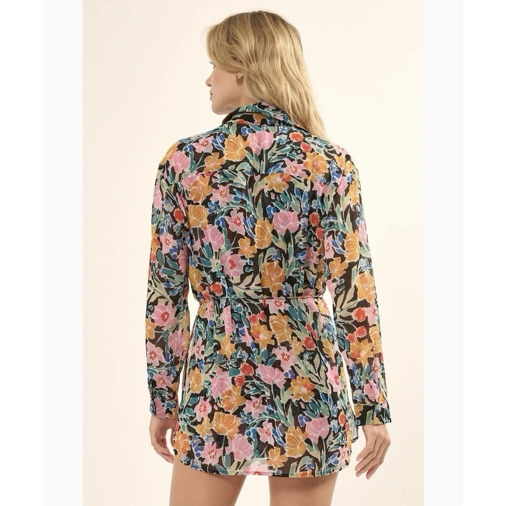 Promesa Tulum Black Floral Chiffon Button-Front Shirt Romper Long Sleeve Small - Picture 2 of 8
